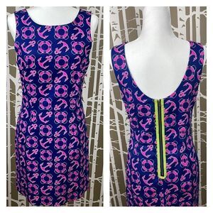 Macbeth Collection navy blue and hot pink anchor and life ring print dress